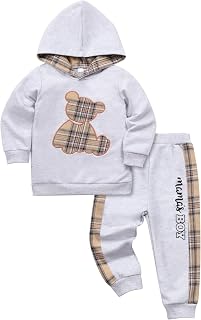 Toddler Baby Boy Clothes Outfits Plaid Bear Long Sleeve Hoodie Sweatshirt Patchwork Pants Spring Clothes for Boys
