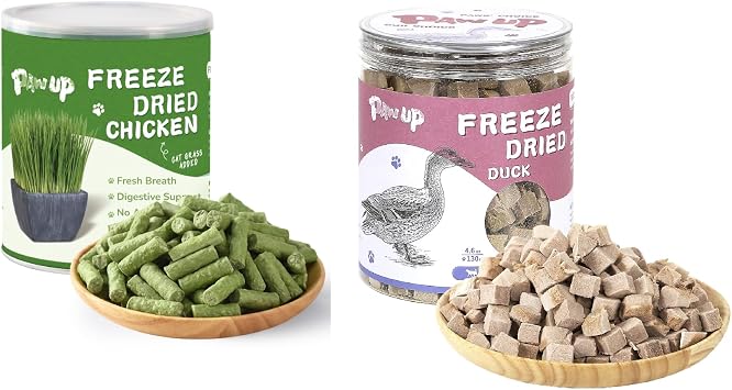 PAWUP Freeze Dried Chicken &Duck Cat Treats, Cat Grass Added, High-Fiber Hairball Care & Digestive Support Snacks for Indoor Cats