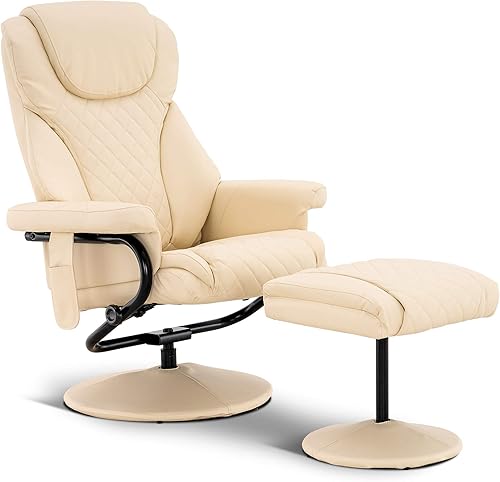 MCombo Silla reclinable con otomana, silla reclinable con masaje, silla giratoria 360 de piel sintética, 4901 (blanco crema) Crema Blanco,Negro