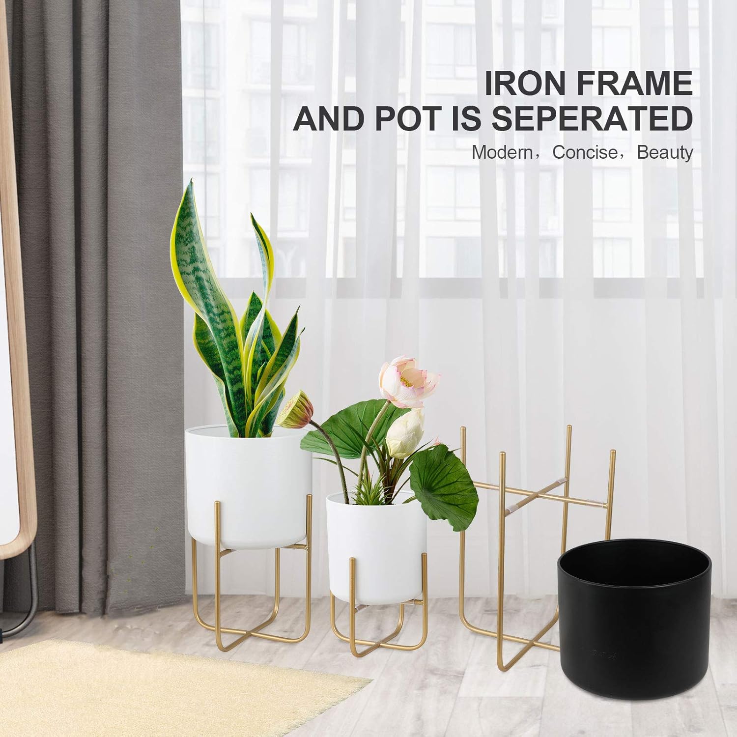 Metal Plant Stand with Pots Set of 3, Modern Style Iron Planter and Gold Plants Stands, Large Floor Standing Flower Rack Indoor Outdoor Potted Plants Holder, Suitable for Home Office Decor (Black-White) : Patio, Lawn & Garden