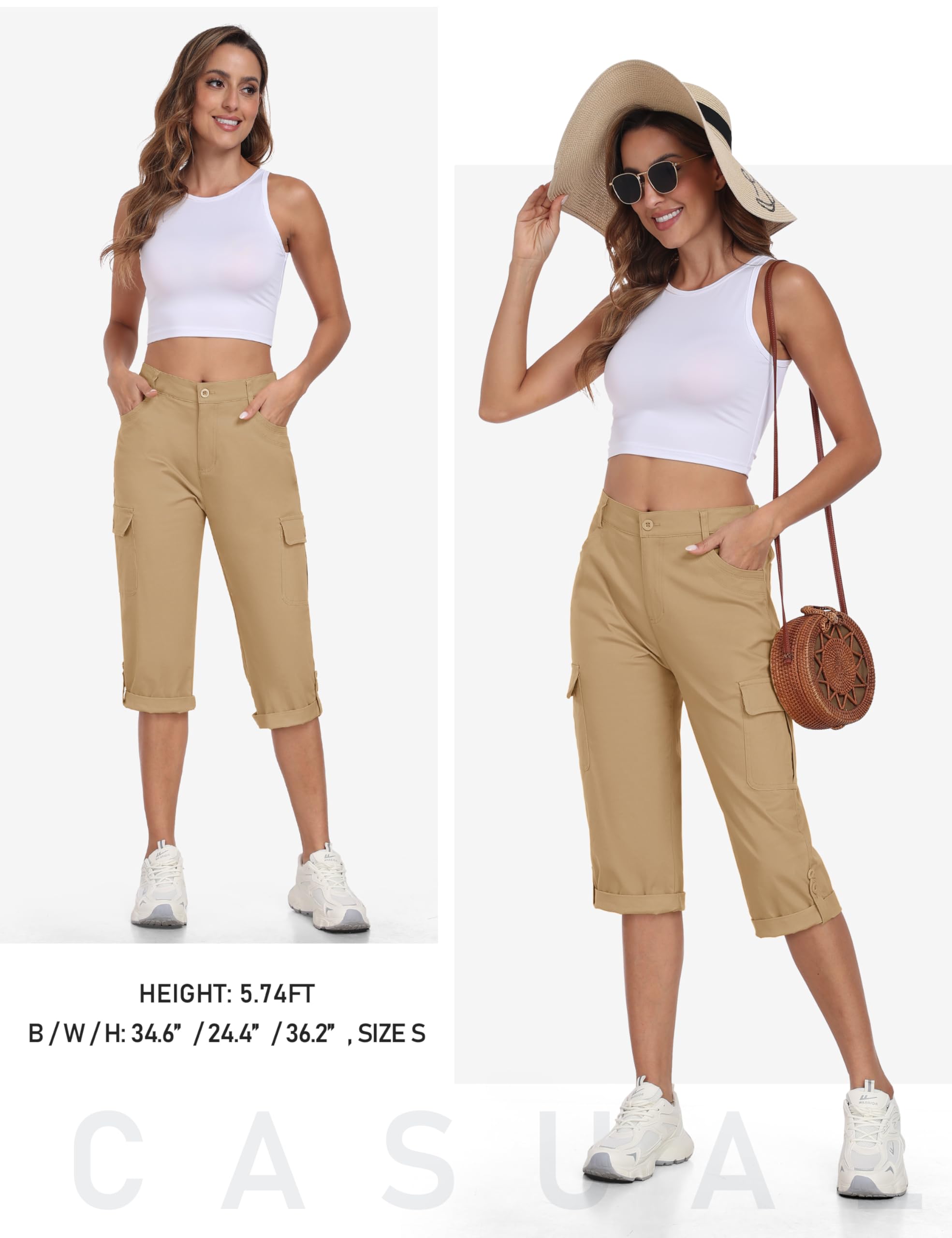 MoFiz Femme Cargo Pantalon Cotton Randonnée Capri Pants Taille Elastique Trekking Pantalon avec Poches
