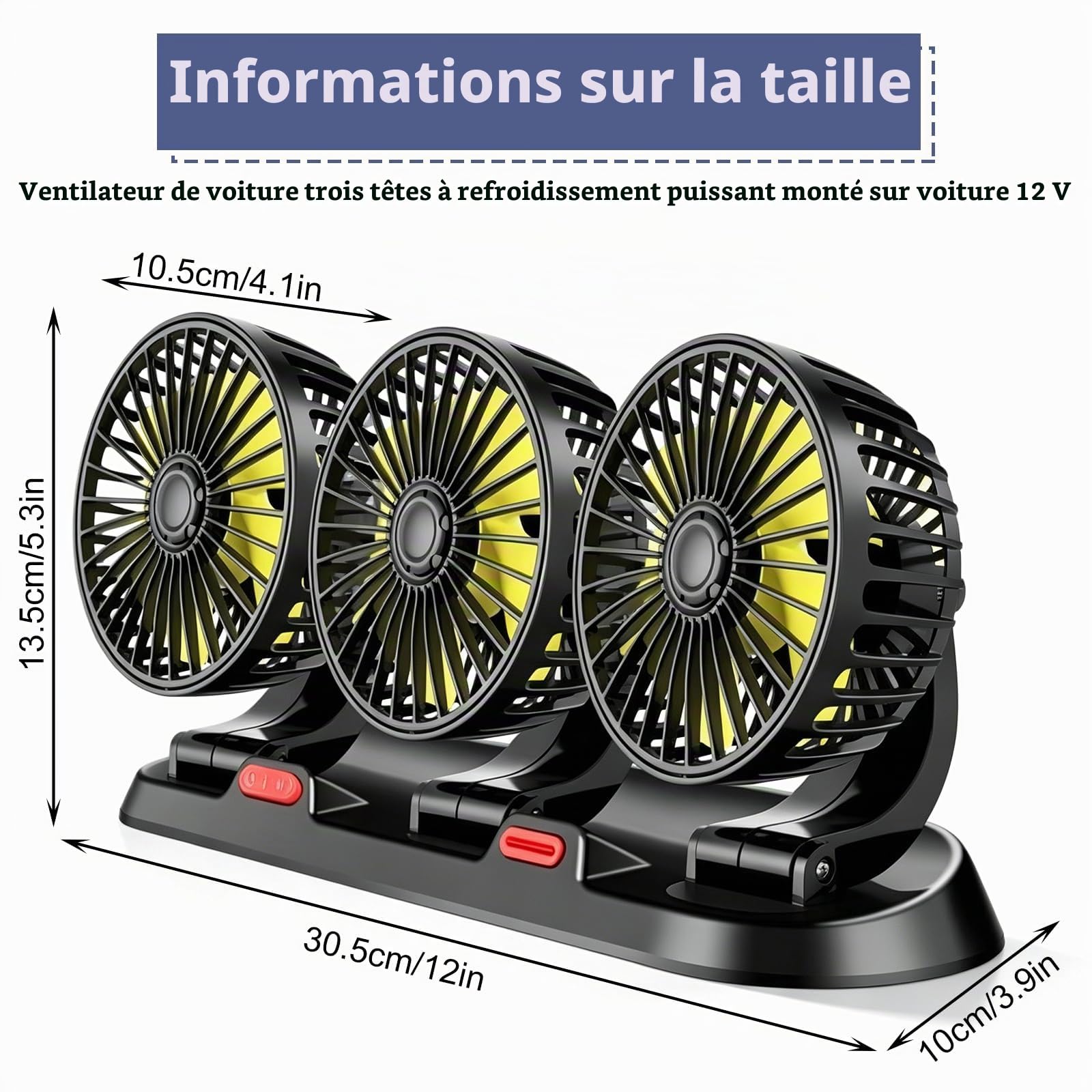 Ventilateur de voiture à trois têtes : ventilateur 12 V 3 vitesses, ventilateur de voiture universel avec ventouse, peu de bruit, ventilateur d'été pour voiture, camionnette, SUV, RV, bateau