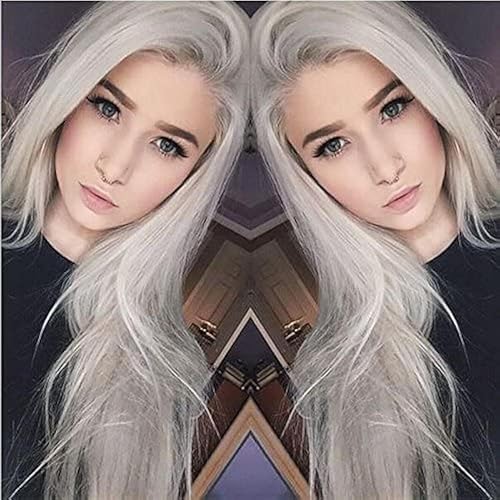 Miniatura 1 de xiweiya Peluca de encaje de 13 x 3 pulgadas, pelucas largas de color gris platino, cabello liso gris natural para mujeres, peluca de encaje frontal