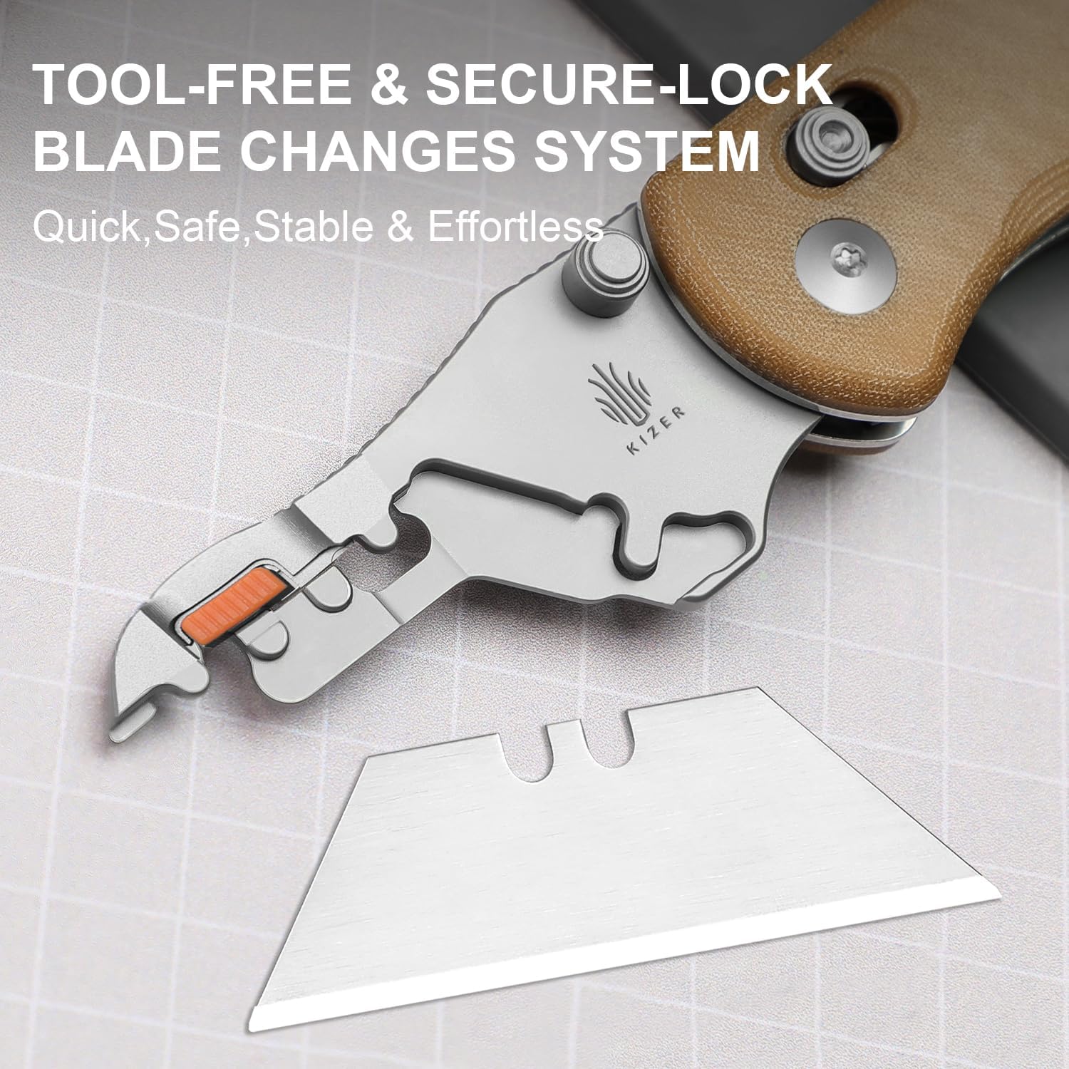 Kizer Uti Bear(Tool-Free Version) Folding Utility Knife, Quick Change Box Cutter EDC knife with 5PCS Razor Blades, Clutch Lock & Pocket Clip Small Pocket Knives for Men Women V3619JA7