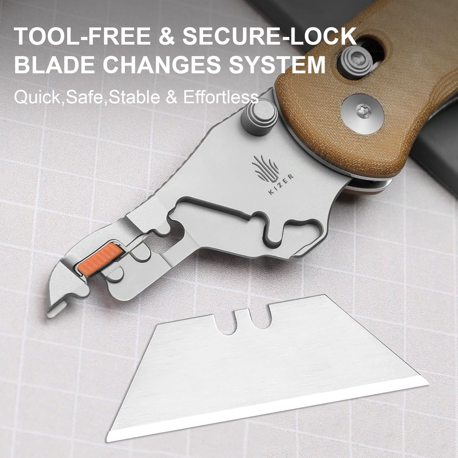 Kizer Uti BEAR 2 (Werkzeuglose Version) Klappmesser, Schnellwechsel-Teppichmesser EDC-Messer mit 5 Stück 7 cm Rasierklingen, Kupplungssperre und Taschenclip Kleine Taschenmesser V3619JA7