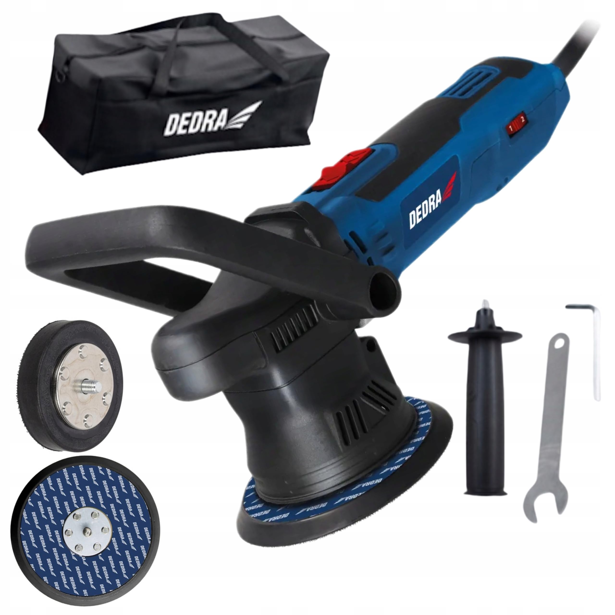 DEDRA Exzenter-Poliermaschine 700W, zwei Polierscheiben 75Ø/125Ø mm, Drehzahl 2000-6400 U/min, Sanftanlauf-Funktion, elektronische Drehzahlregelung, zwei Scheibendurchmesser im Set