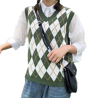 Hyipels Argyle Sweater Vest Women y2k Plaid Knitted Streetwear Preppy Style V Neck Crop Knitwear School Tank Top for Girl