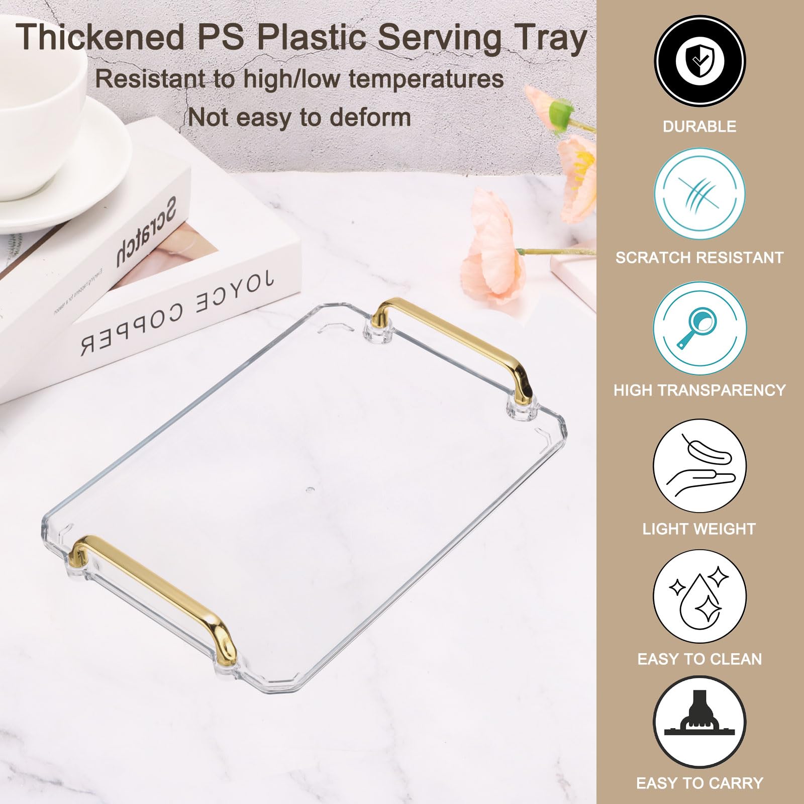 PATIKIL 12 x 8.6 Inches Plastic Serving Tray with Golden Handles - Image 3