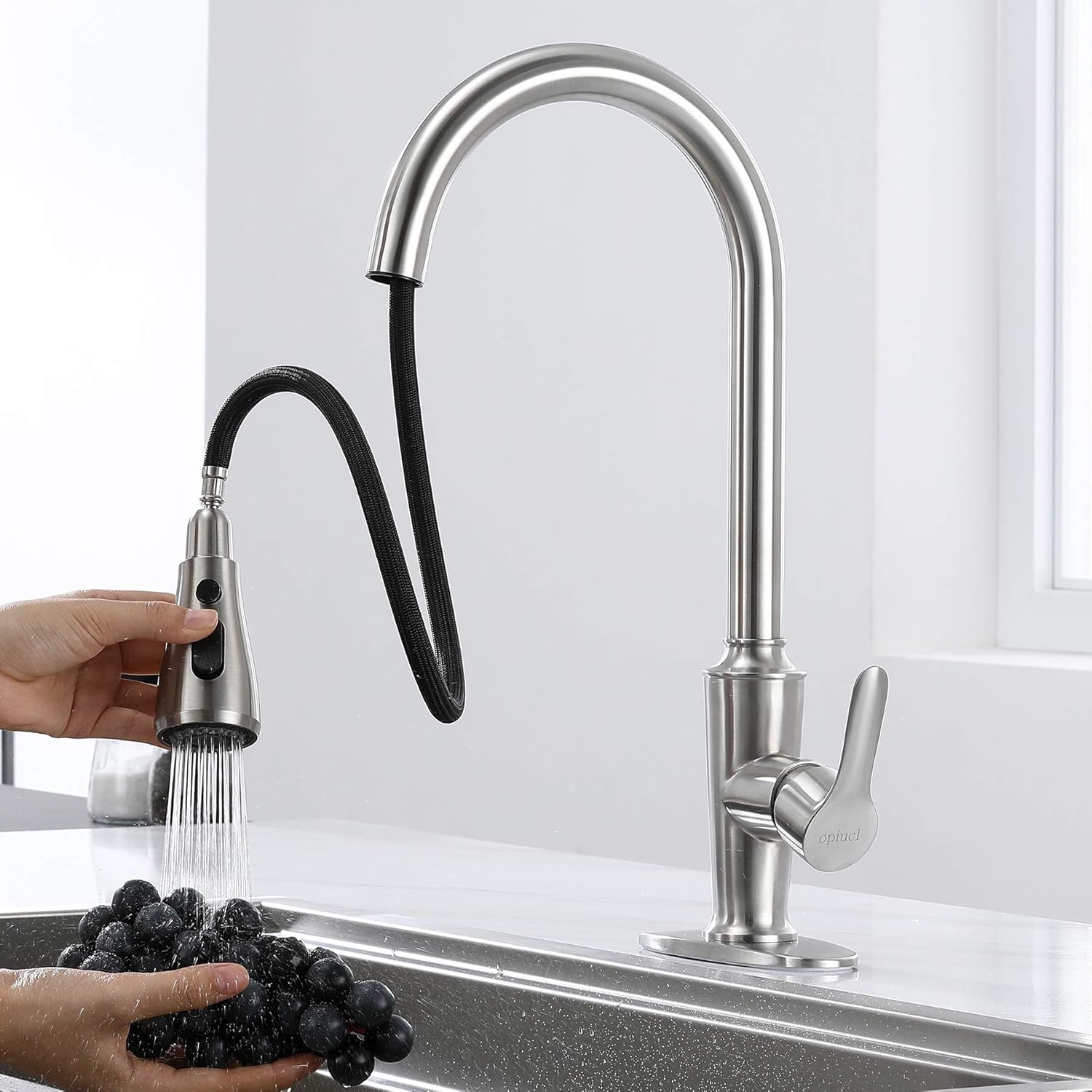 Flаѕh Dеаlѕ - 80% оƒƒ Opiucl Kitchen Faucet with 3 Modes Pull Down Sprayer Single Handle High Arc Brushed Nickel Kitchen Sink Faucet with Deck Plate Single Level Stainless Steel Utility Sink Faucets for Laundry