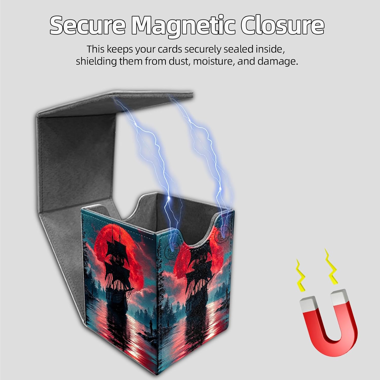 Deck Box for MTG/TCG/CCG, 100+ Sleeved Card Holder, PU Leather Trading Card Storage Box Case with Magnetic Closure, Quick Access for MTG Commander Game Cards, Red Moon Pirate Ship image 4