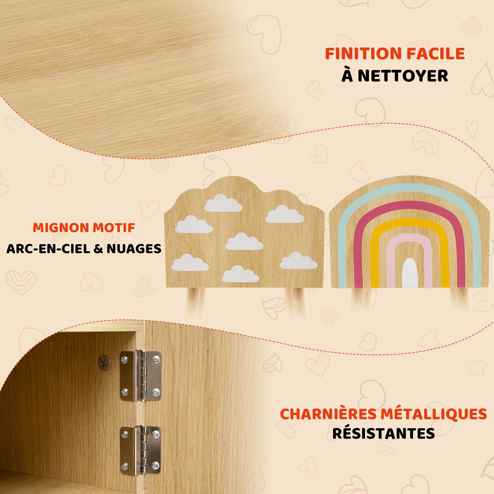COSTWAY Lot de 2 Table de Chevet Enfant avec Motif Arc-en-Ciel et Nuage, Table de Nuit Enfant Fille avec Portes & Pieds en Bois Massif & Dispositif Anti-basculement, 34x30x54 cm, Naturel