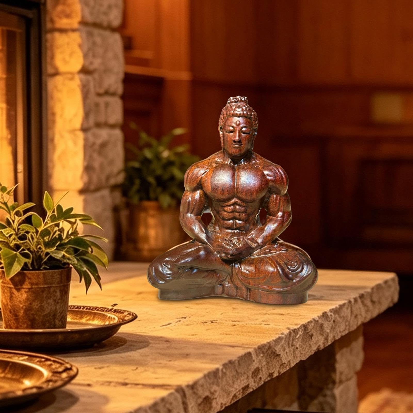 Figurine Bouddha Musculaire en Bois Sculpture de Table Décor