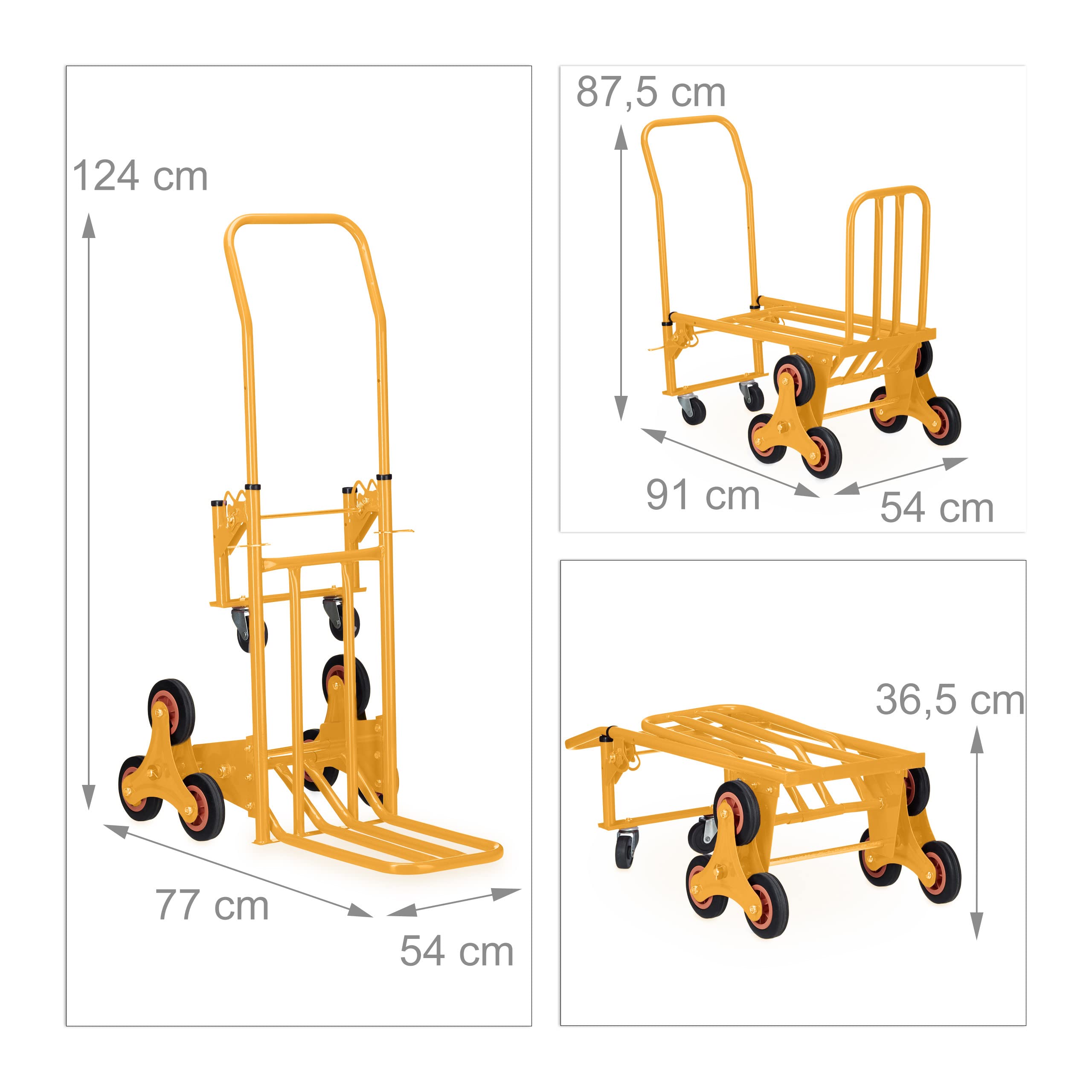 Relaxdays Carretilla Escaleras, Carro Transporte Plegable, máx. 50/150kg, Ruedas Goma Maciza, Altura Regulable, Amarillo