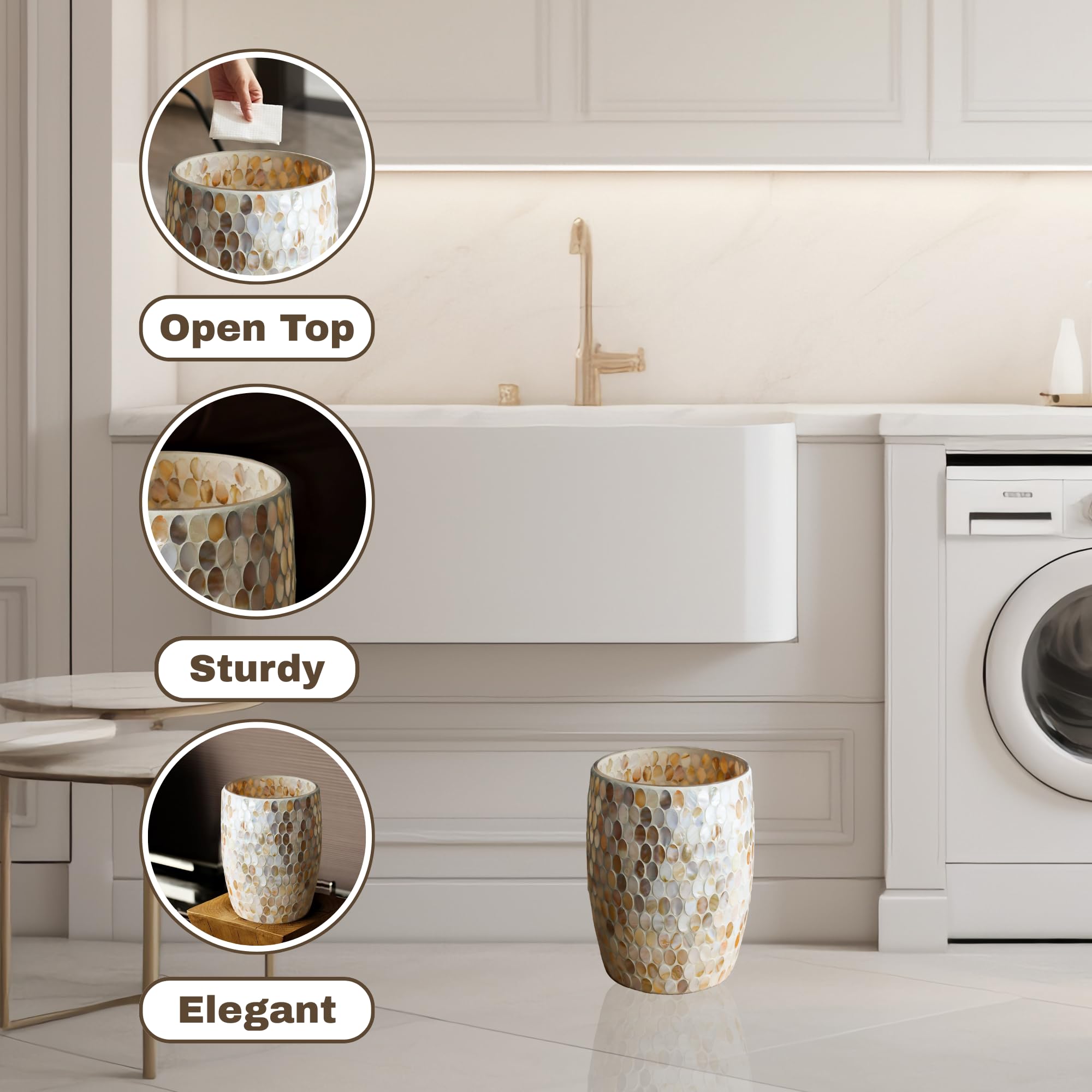 Escenzy Natural Shell Bathroom Trash Can Mosaic Glass 5L | Decorative Small Garbage Can | 7