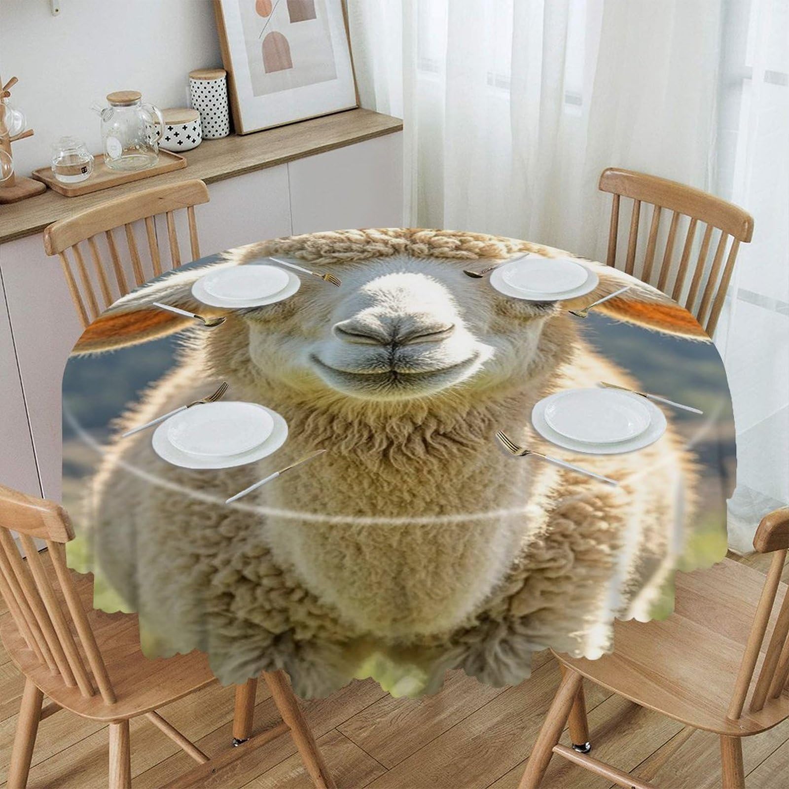 FekiLoot 60 Inch Round Lamb Tablecloth Waterproof Heavy Duty Polyester Table Cloth Spill-Proof Wipeable Table Cover Decorative Circle Dining Tablecover for Party Outdoor