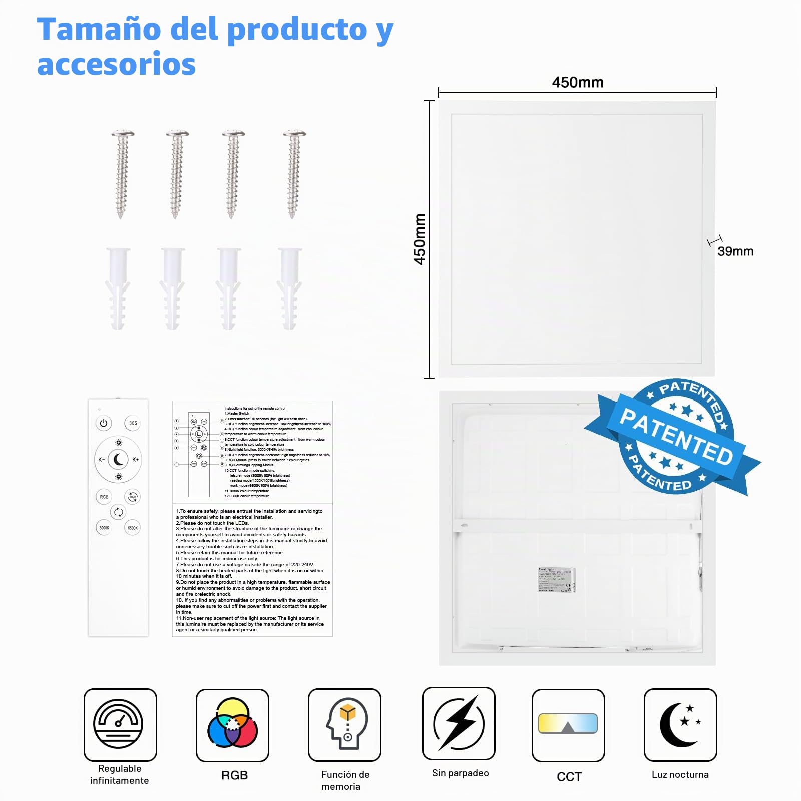 Oraymin LED panel de luz de techo RGB, lámpara de techo regulable con mando a distancia 28W 3100LM, LED panel de cambio de color, función de memoria, 3000K-6500K lámpara cuadrada para sala de estar do