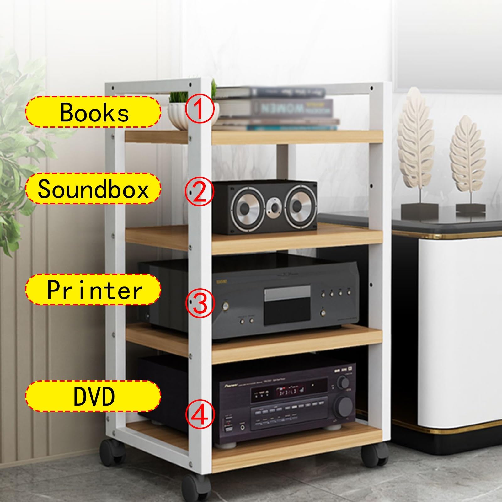 Mueble Equipo Hifi Estante para equipos de audio con ruedas, estante para medios de almacenamiento de DVD de 3 y 4 niveles de alta resistencia/bastidores y soportes de alta fidelidad para(C,3 Tiers)