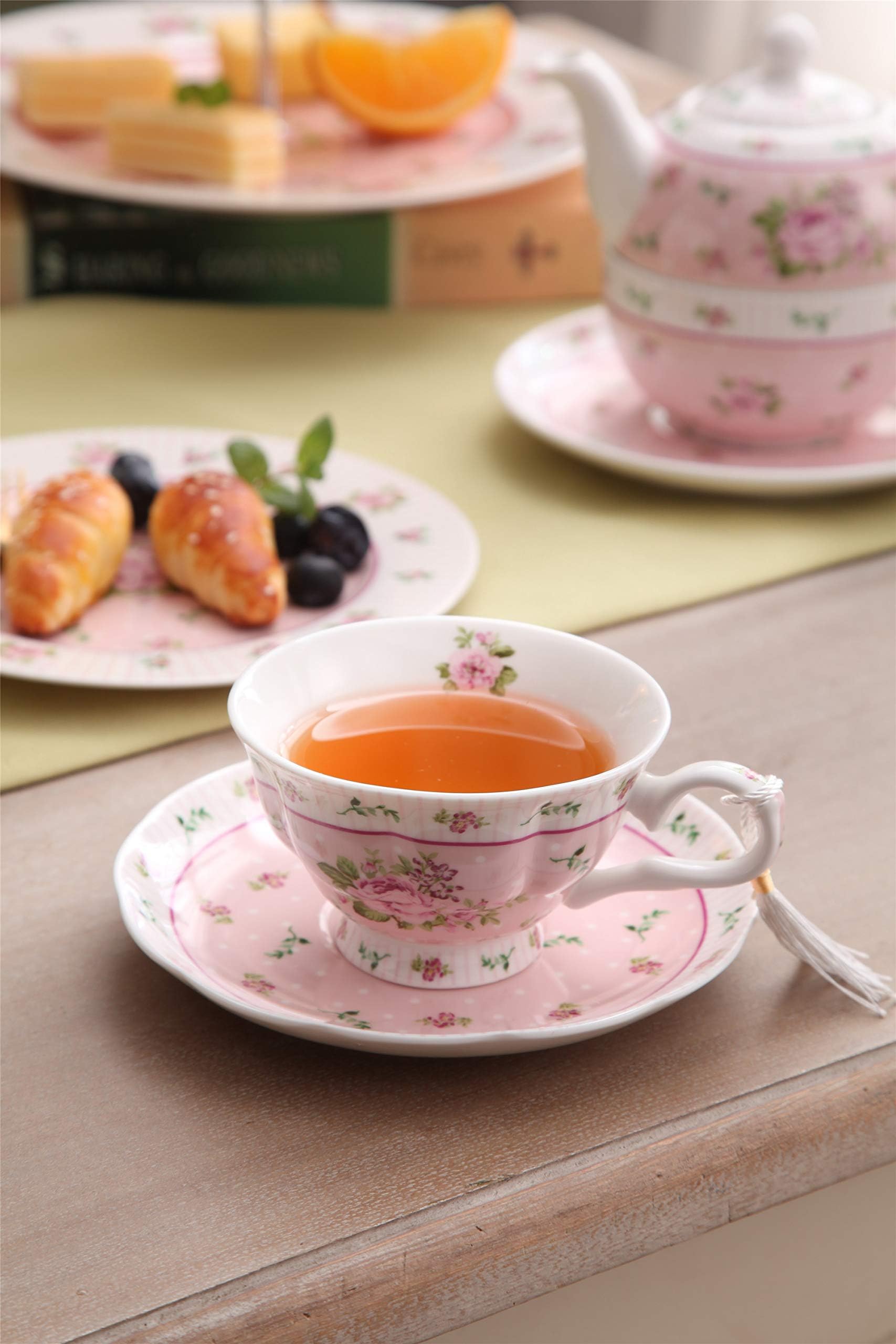 Crevyteg Vintage Floral Bone China Teacup & Saucer Set – Shabby Chic Rose & Bird Design with Gift Box – Elegant Tea Party Set & Gift for Her (Pink)