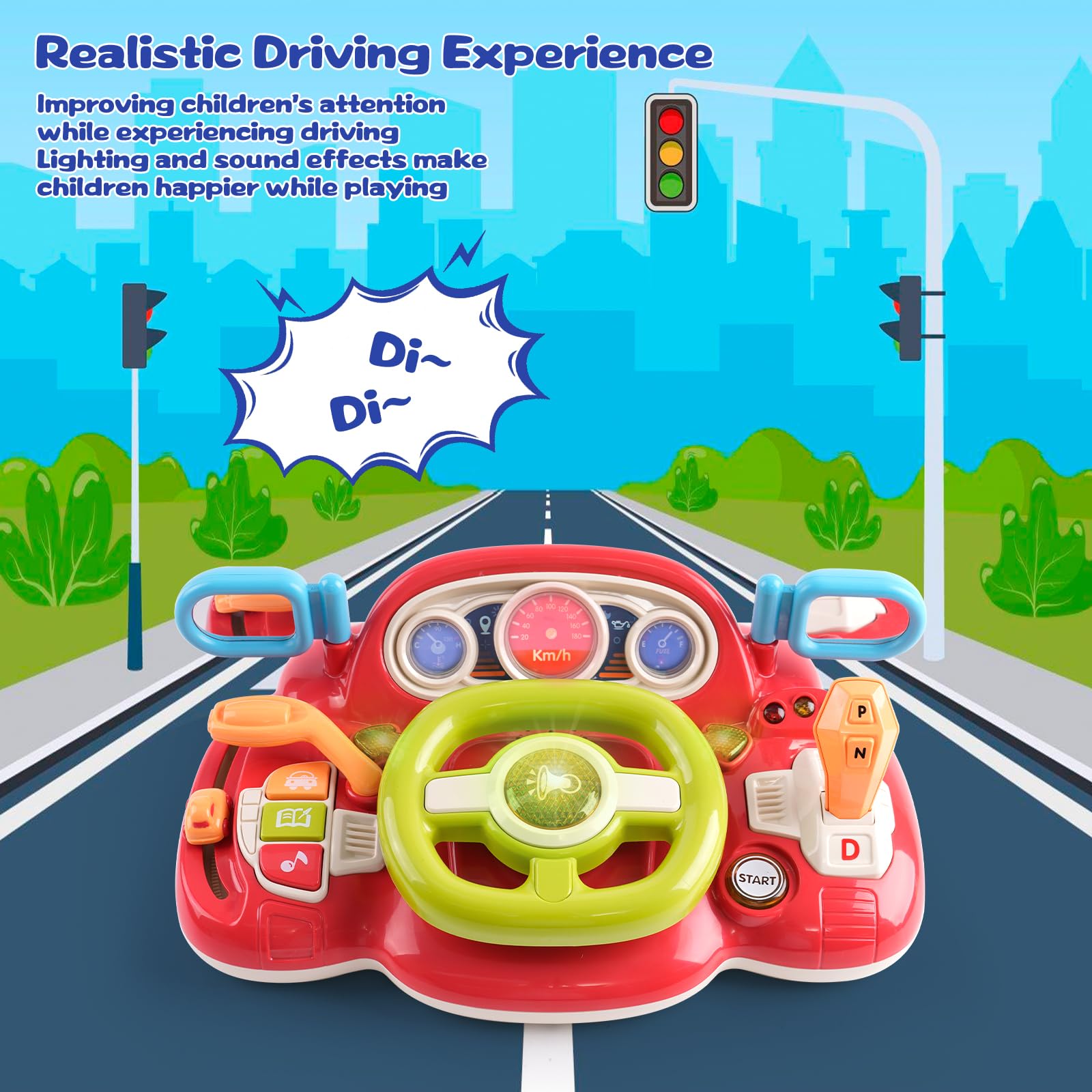 Volante Giocattolo per Bambini, Auto Simulatore Guida Multifunzionale con Luci e Musica Inglese, Giochi Interattivi per Bambini 2 Anni