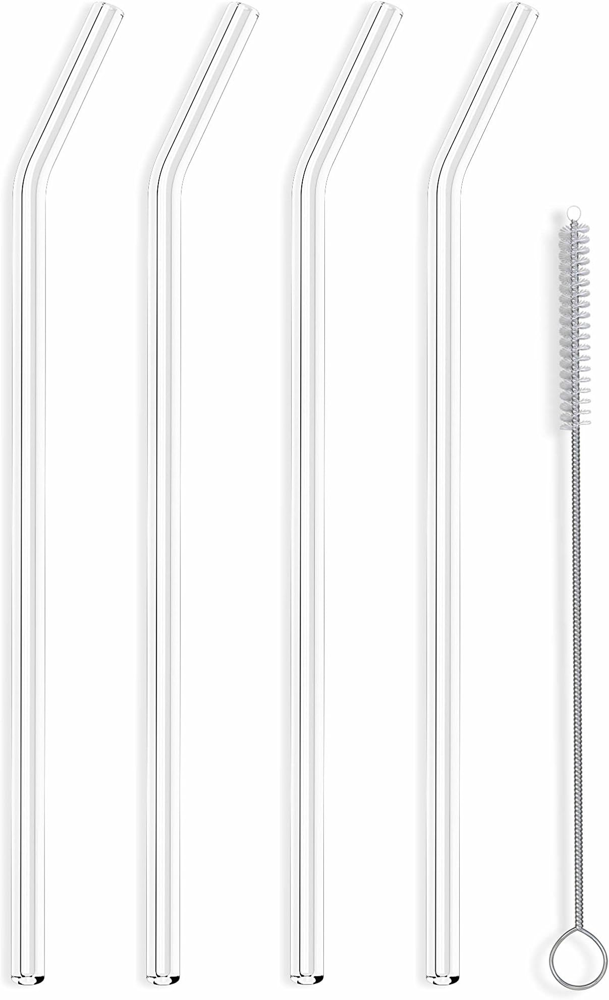 Hummingbird Glass Straws Clear 9" x 7 mm Long Reusable Straw Designed for Yeti and Starbucks Style Tumblers Made Wth Pride in USA - 4 Pack With Cleaning Brush (Bent)