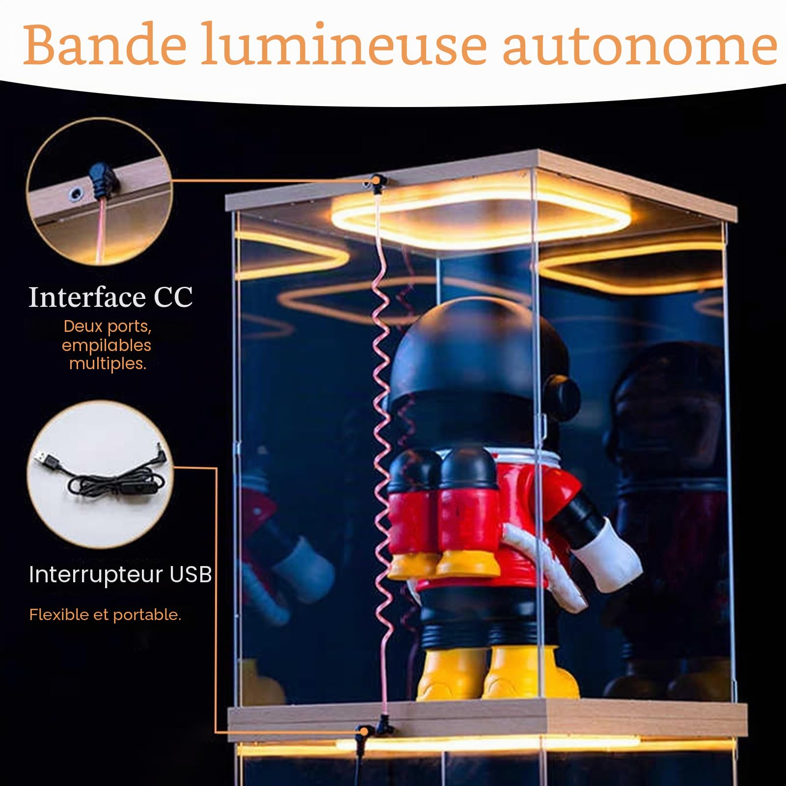 Vitrine Acrylique Vitrine Acrylique avec Éclairage LED, Boîte Acrylique Anti-poussière avec Porte, Boîte de Présentation Transparente avec Socle, Présentoir pour Figurines, Voitures et Jouets(20x20x20