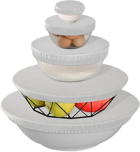 Miniatura 2 de Juego de 5 unidades en 5 tamaños para tazones elásticos y reutilizables, color gris, para almacenamiento de alimentos, para pícnic, sobras