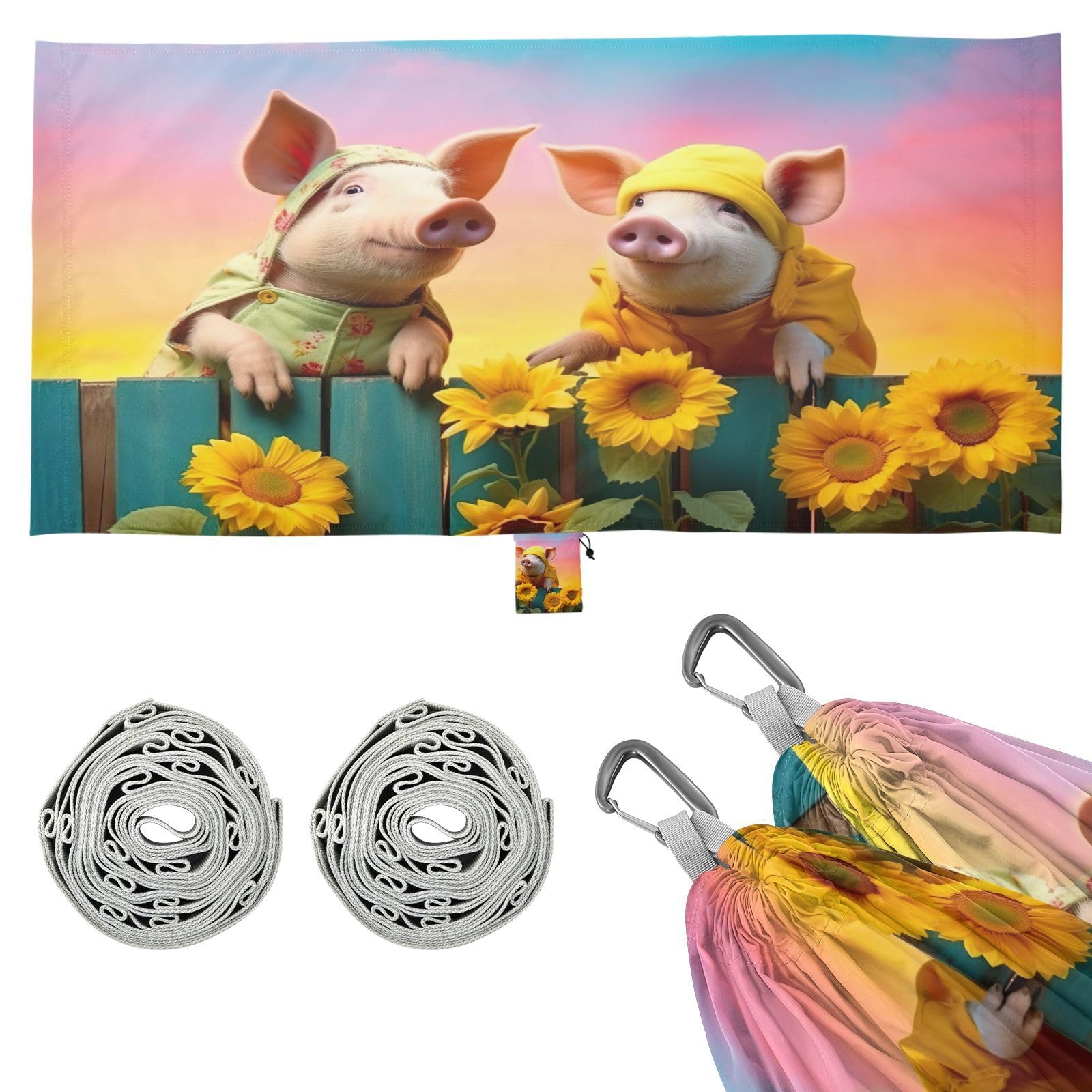 SDMKA Pig with Sunflower Camping Hammock, 330 lbs with 2 Tree Straps, Carry Bag, Single Portable Hammock for Outdoor/Indoor, Hiking, Beach, Backpacking, Travel