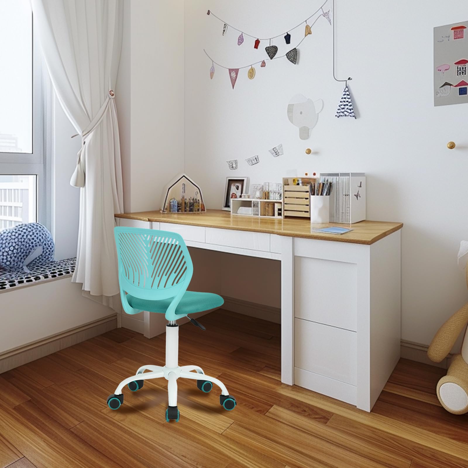 FurnitureR Moderne sans Bras pour Enfants-Chaise de Bureau réglable et pivotante pour écrire à la Maison-Turquoise, Plastique Métal, 38,5CM x40CM x75-87CM
