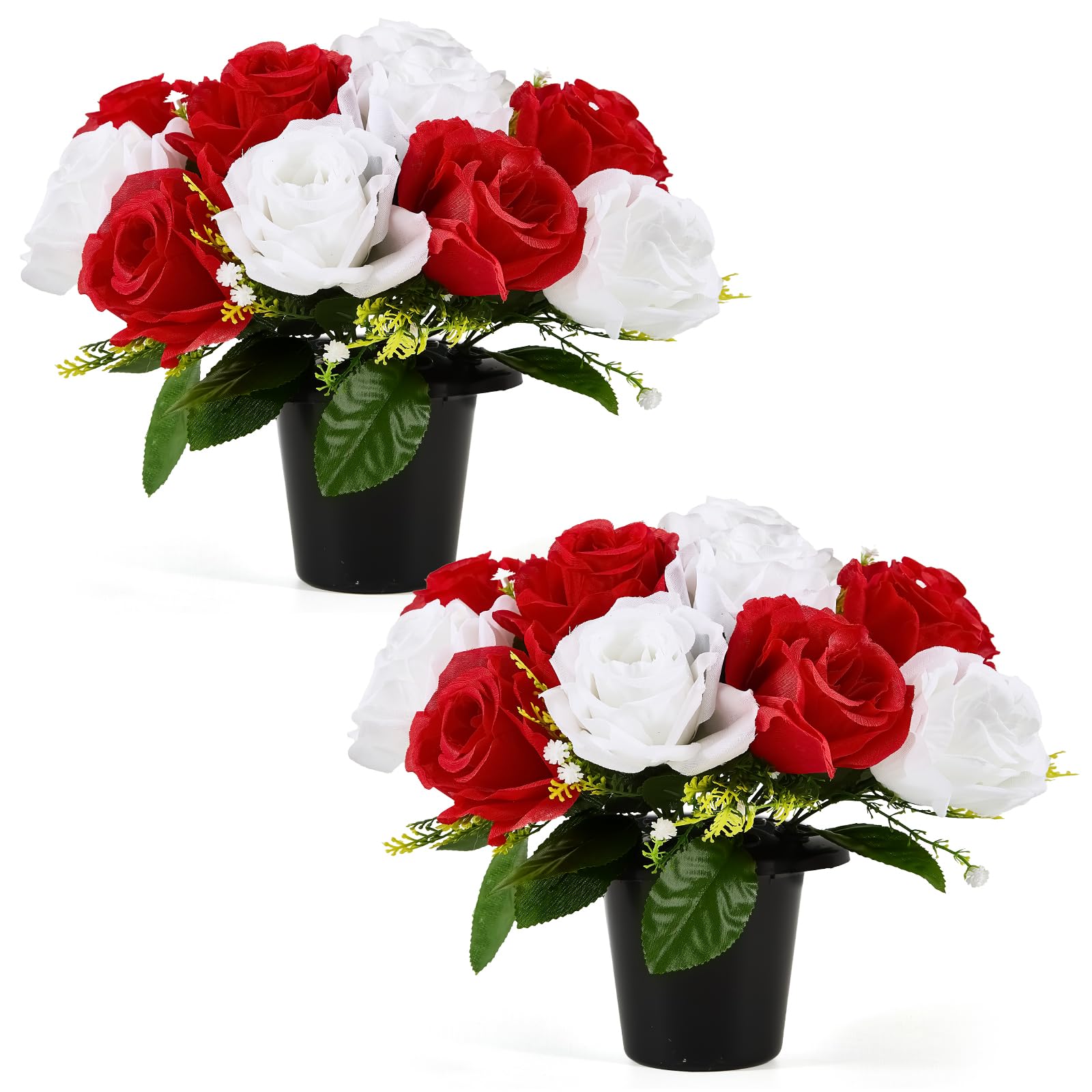 Fuyuleyo 2 Pack Artificial Grave Flowers in Pots, 30cm Silk Flowers for Graves Memorial Cemetery Flower, Weatherproof UV Resistant Funeral Arrangements for Outdoor Graveside Ornaments, Red — image 1