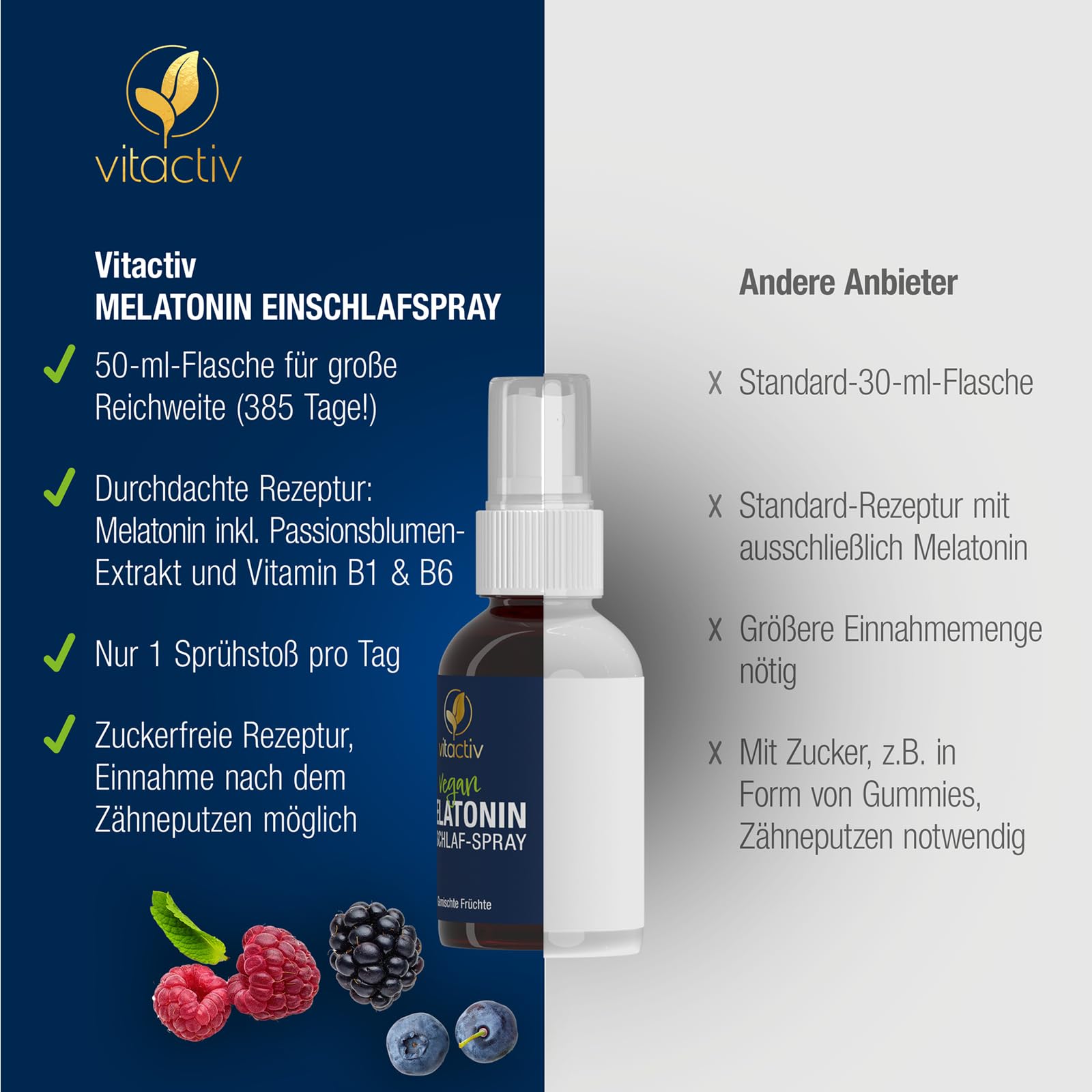 VITACTIV Melatonin Einschlafspray - Gemischte Früchte - 1155 Tage Vorrat, Hochdosiert - Melatonin Spray plus Passionsblumen Extrakt, Vitamine B1 und B6 - Zuckerfrei & Vegan - 150ml Sofort-Spray