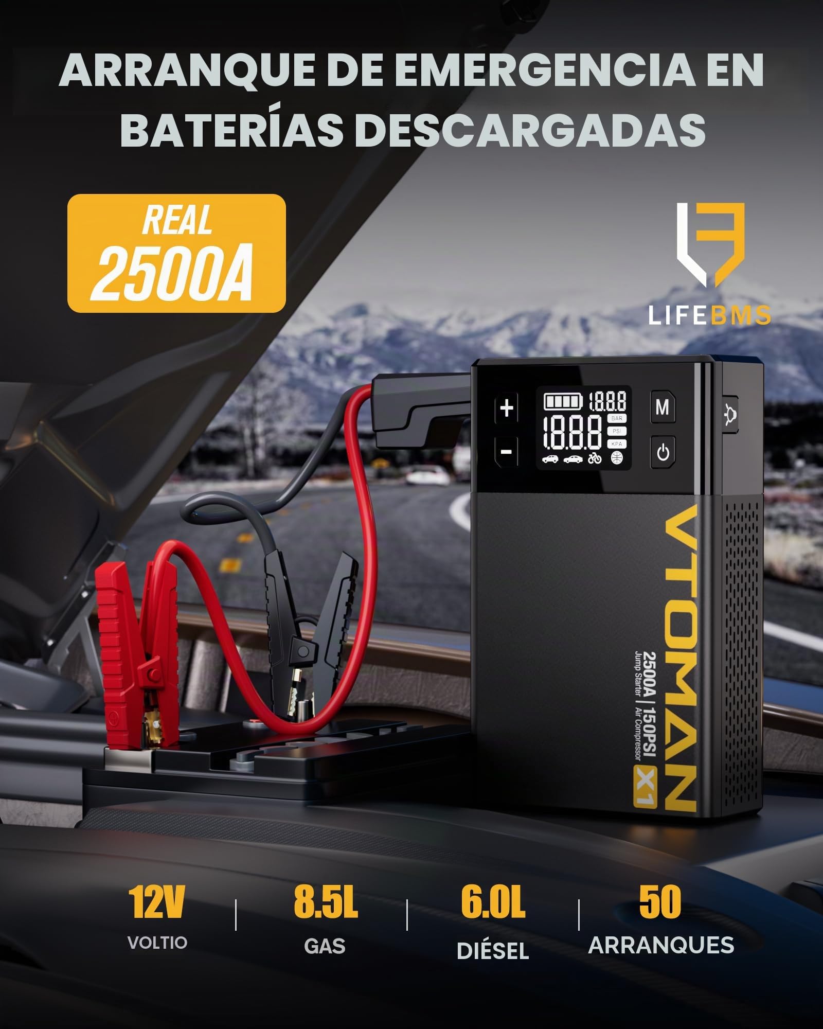 VTOMAN X1 - Paquete de energía de arranque con compresor de aire de 2500 A, arrancador de batería portátil de coche (hasta motores diésel de hasta 8.5 L/6.0 L) con inflador de neumáticos digital de