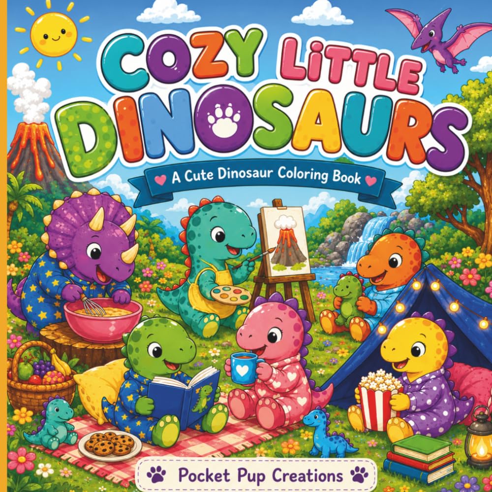 Cozy Little Dinosaurs: 40 Cute & Easy Dinosaur Coloring Pages for Kids, Teens & Adults | Cozy Prehistoric Scenes, Kawaii Dinosaurs, Stress Relief & Relaxing Creative Fun