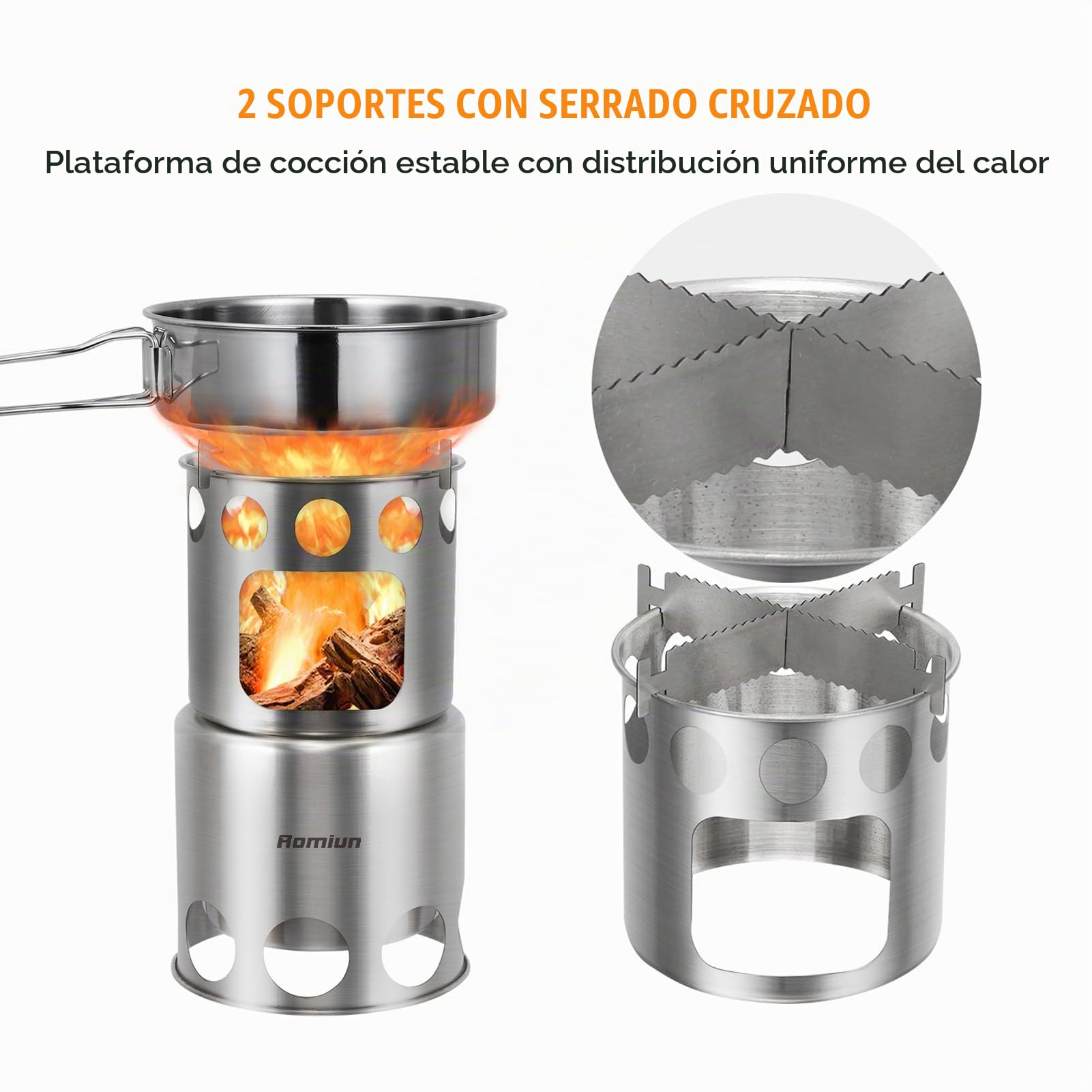 Juego de Utensilios de Cocina para Acampar, Olla y Sartén de 1L con Estufa de Leña Plegable, Cuencos para Cocinar para Hervir Sopa y Freír