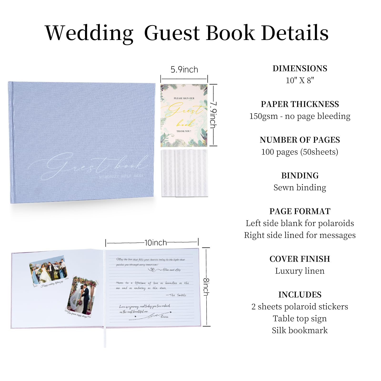 Hochzeitsgästebuch für Empfang & Babyparty – Elegantes Gästebuch aus Leinen für Polaroid-Fotos & Unterschriften mit "Please Sign" Karte & Fotoecken, 100 Seiten