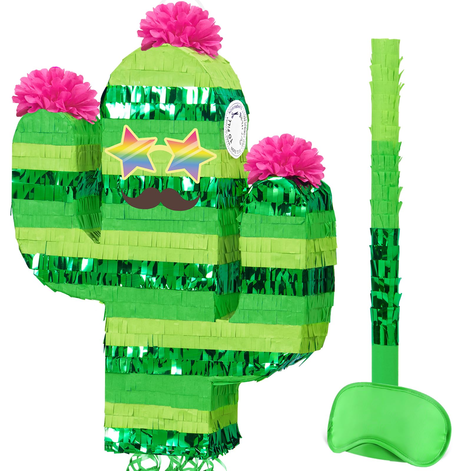 WERNNSAI Cinco De Mayo Cactus Piñata - Mexican Party Decorations Pull String Piñata Bundle with Blindfold and Bat Mexican Piñata for Fiesta Party Decorations Luau Event Carnivals Festivals Supplies