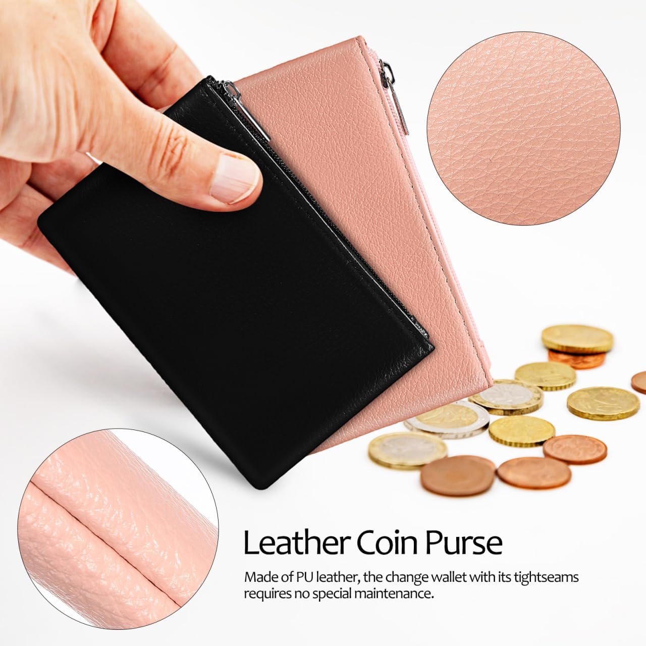 2Pcs Coin Purse Zippered Small Pu Leather Change Wallets for Women Portable Compact Wallets with Secure Zipper for Coins Keys Essentials - Image 2