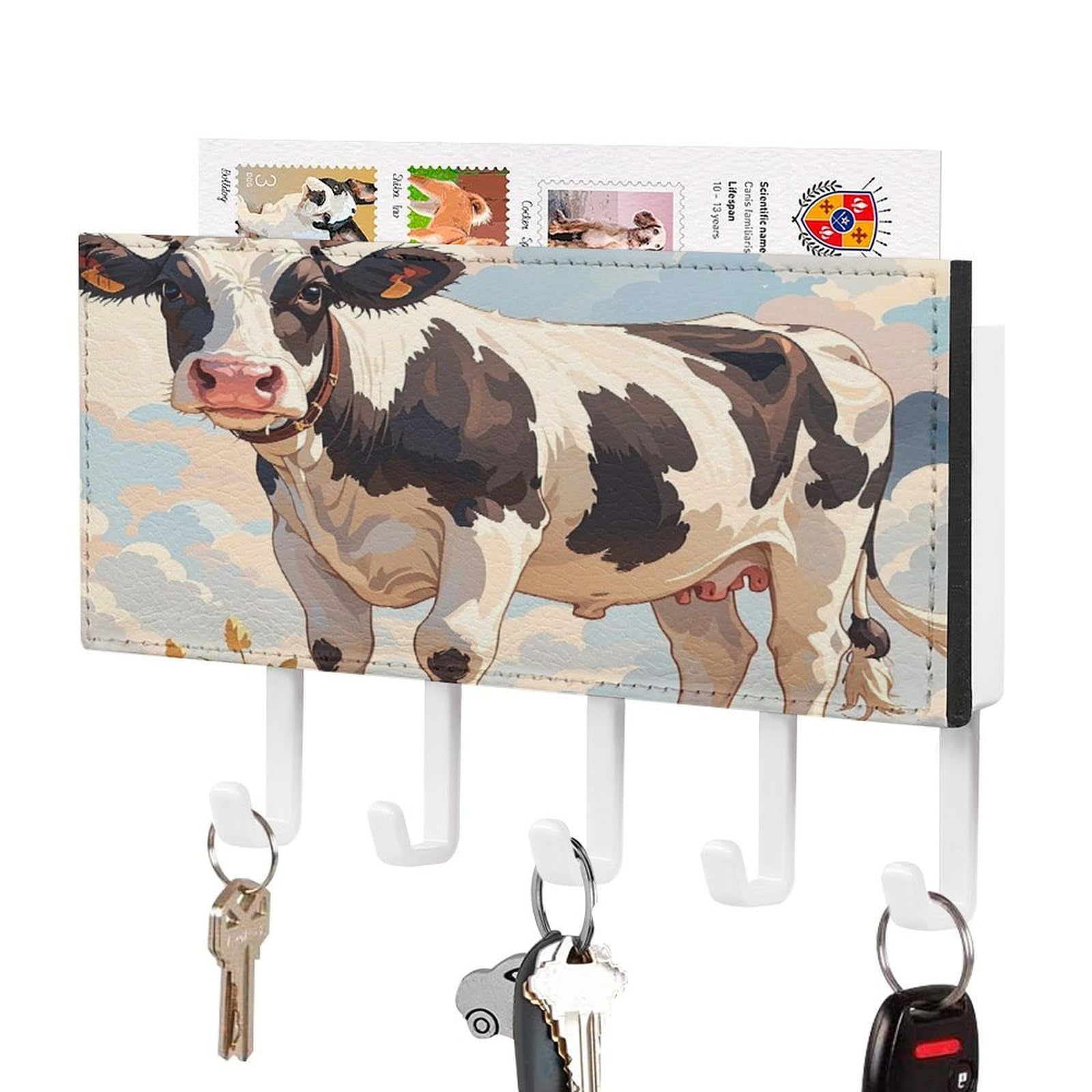 FekiLoot Dairy Cow Key Holder Wall Mount Key Hanger with 5 Hooks Decorative Key Rack Hanging Key Hooks with Mail Organizer Key Holder for Wall Living Room Kitchen Bathroom Hallway White