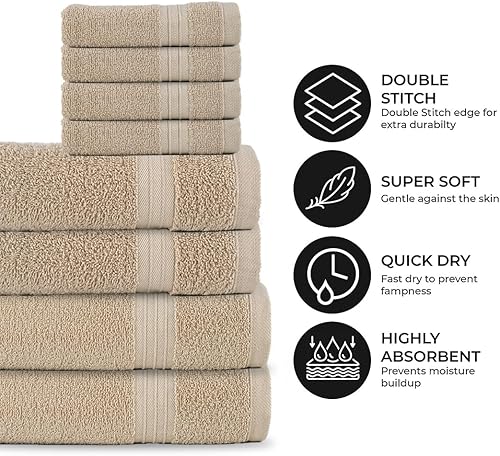 Miniatura 4 de Juego de toallas de 8 piezas, 100% algodón, súper suave y altamente absorbente, incluye 2 toallas de baño (27 x 54), 2 toallas de mano (16 x 28), 4