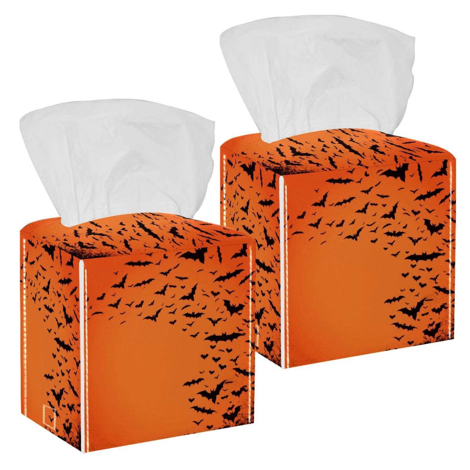 Halloween Bats Tissue Box Cover, 2 Pack PU Leather Square Facial Tissue Dispenser Box holder for Home Office Car