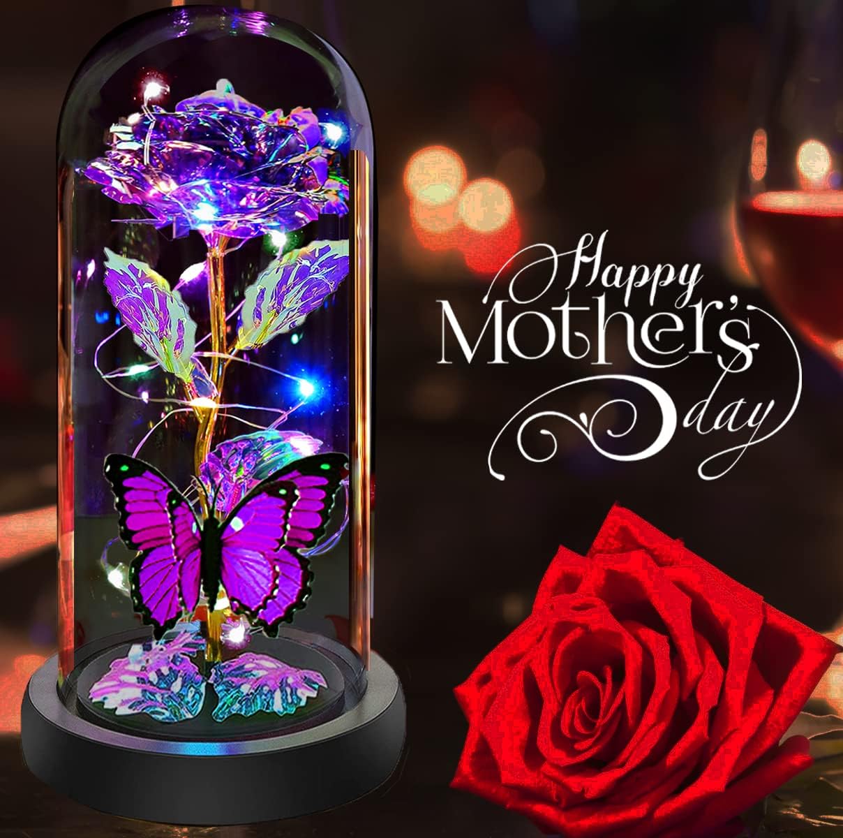 Valentines Day Gifts for Her, Valentines Rose Flowers Gifts, Birthday Gifts for Women, Galaxy Crystal Light Up Rose in A Glass Dome, Valentine Day for Her Women Mom Girlfriend, Purple Butterfly - Image 3
