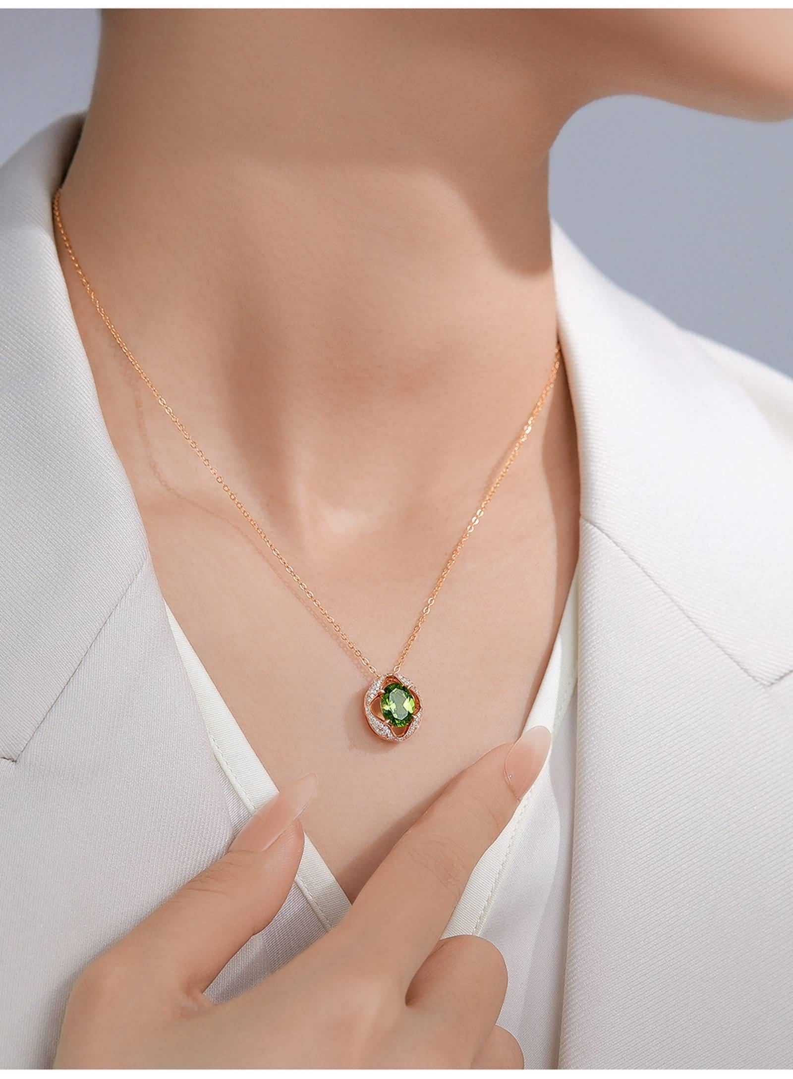 Collares para mujer a la moda, colgante de flor hueca de oro amarillo con peridoto ovalado de 1,7 quilates y diamante