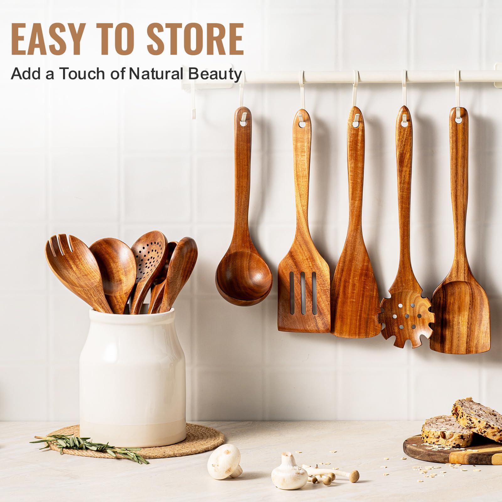 Terlulu Holzlöffel zum Kochen, Küchenutensilien-Set aus natürlichem Teakholz, langlebiges Kochutensilien-Set mit Komfortgriff für Kochgeschirr, glatte Oberfläche, antihaftbeschichtet, hitzebeständig