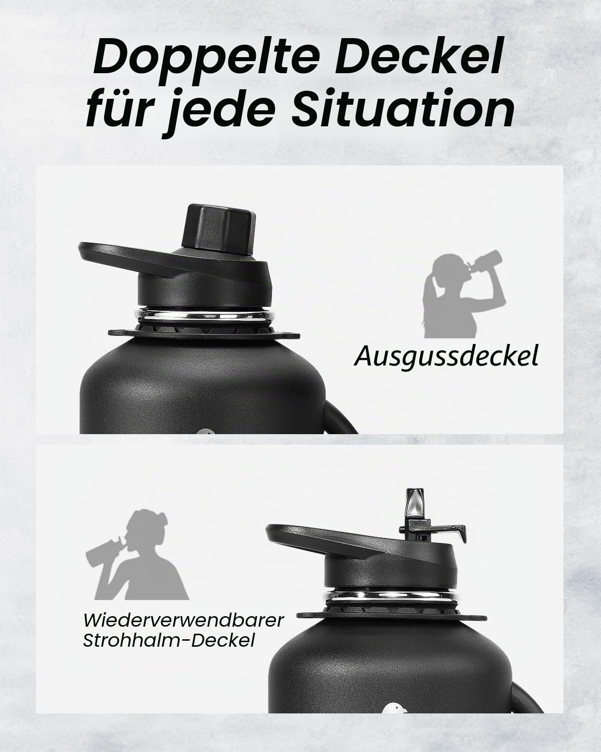 Coolflask Isolierte Wasserflasche 1893 ml mit Griff, Edelstahl-Wasserkrug mit Strohhalm, Doppelwandige Vakuum-Großflasche aus Metall mit Riemen, Auslaufsicherem, Schwarz