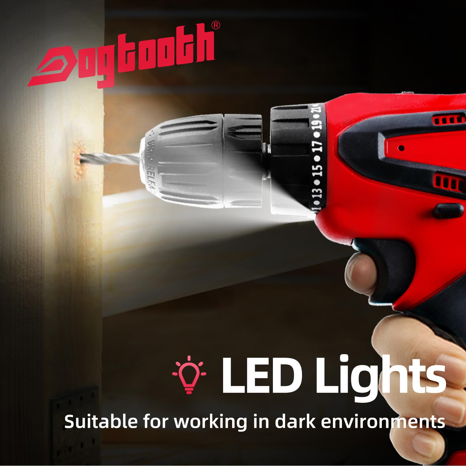 DOGTOOTH 21V MAX Cordless Drill, 2 * 2.0 Ah Batteries, Compatible with Makita 18V Battery, 2 Speed Functions Max 1350 RPM, Build-in LED, 23 Bits, Charger, Tool Bag - Red