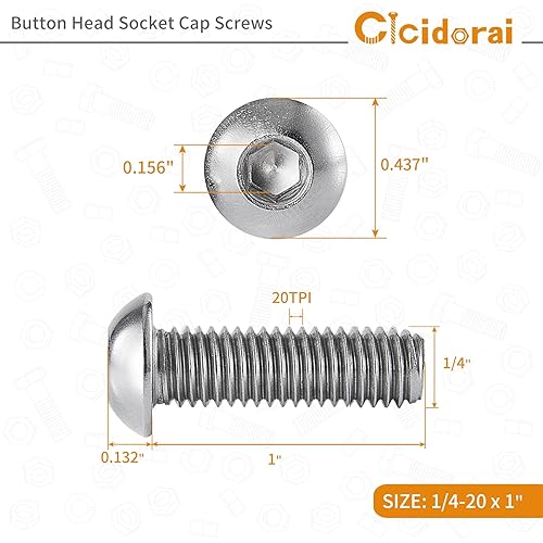 Miniatura 9 de Tornillos de cabeza de botón de 14-20 x 1, acero inoxidable 304 18-8, unidad de enchufe Allen, acabado brillante, roscas de máquina completa,