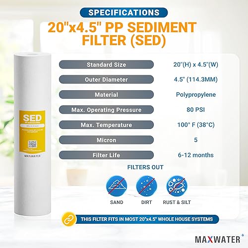 Miniatura 5 de Max Water Carcasa universal para filtro de agua para toda la casa, cartucho de carbono de sedimentos de 20 x 4.5 pulgadas, sistema de prefiltración