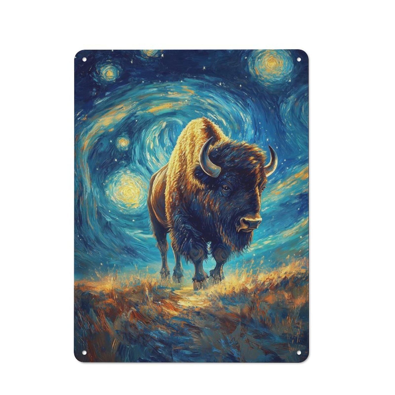 Junmoney Bison In Starry Night Style Metal Wall Sign 40X30cm Featuring For Home Bar Wall, For Themed Interiors In Home Bars And Entertaining Spaces