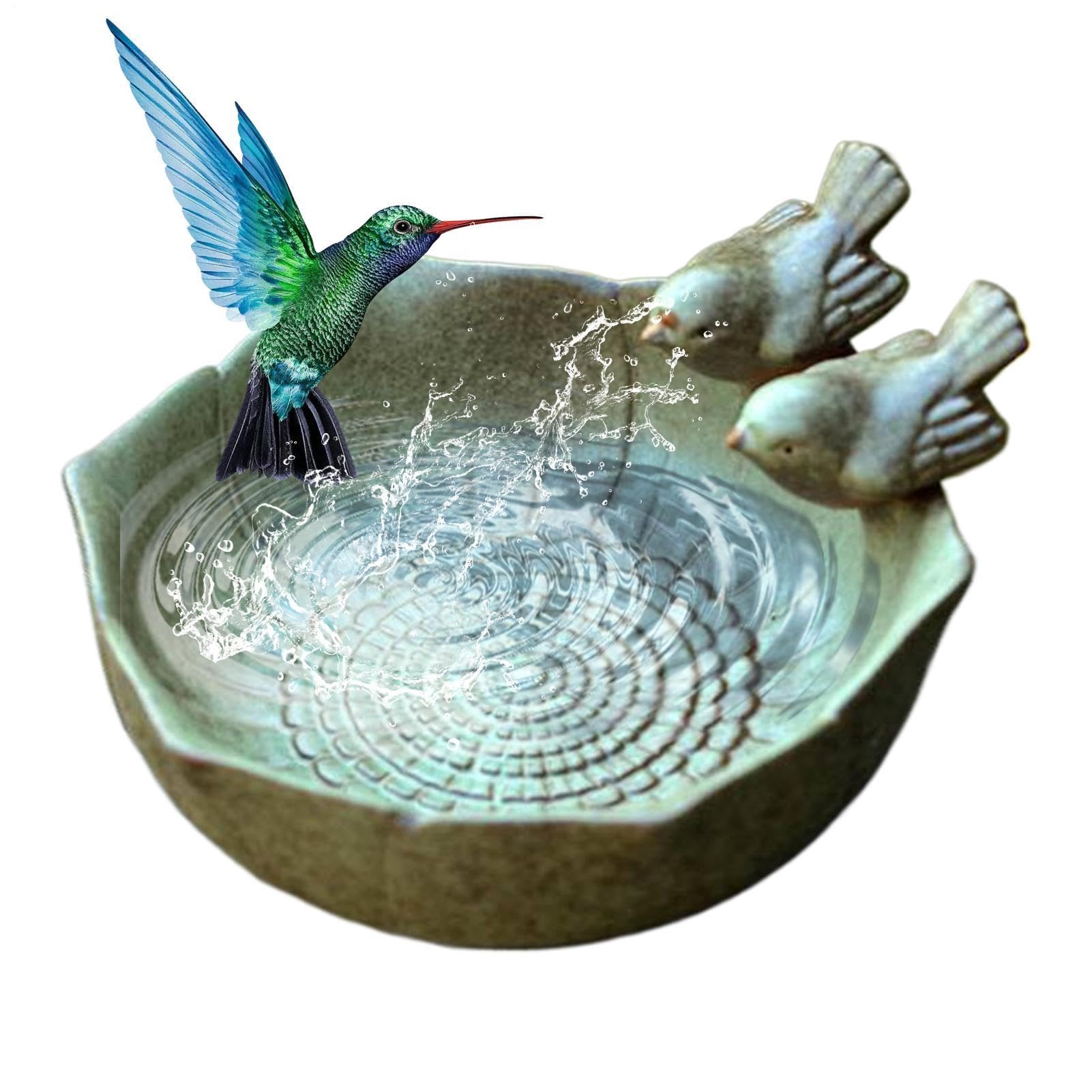 Ceramic Bird Bath Bowl, Table Top Blue Bird Bath For Outside, Hand Painted Glazed Ceramic Birds Baths Bowls And Feeders, Vintage Garden Tabletop Birds Baths Decor For Butterflies Hummingbirds Parrots