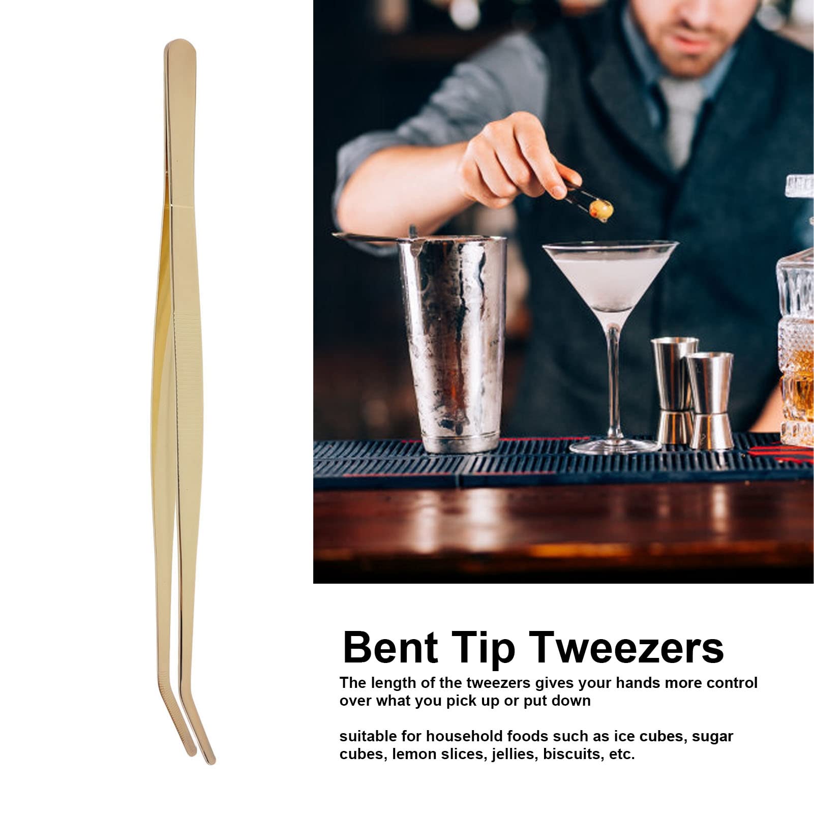 Bar Bent Tip Tweezers Stainless Steel Thicken Kitchen Culinary Tweezer Tongs for Sugar Cubes Ice Cubes Lemon Durable Proof Easy Grip Multifunctional Food Grade Safe Stable