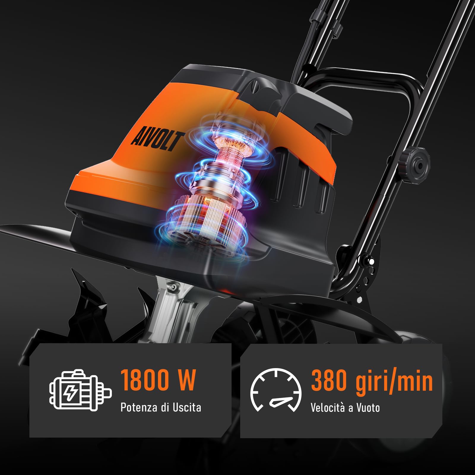 AIVOLT Motozappa Elettrica 1800W con 24 Denti in Acciaio, Zappatrice Pieghevole 380 giri/min, Larghezza 48cm, Profondità 22cm, Motozappa con Cavo per Giardino, Frutteto, Coltivazione e Semina